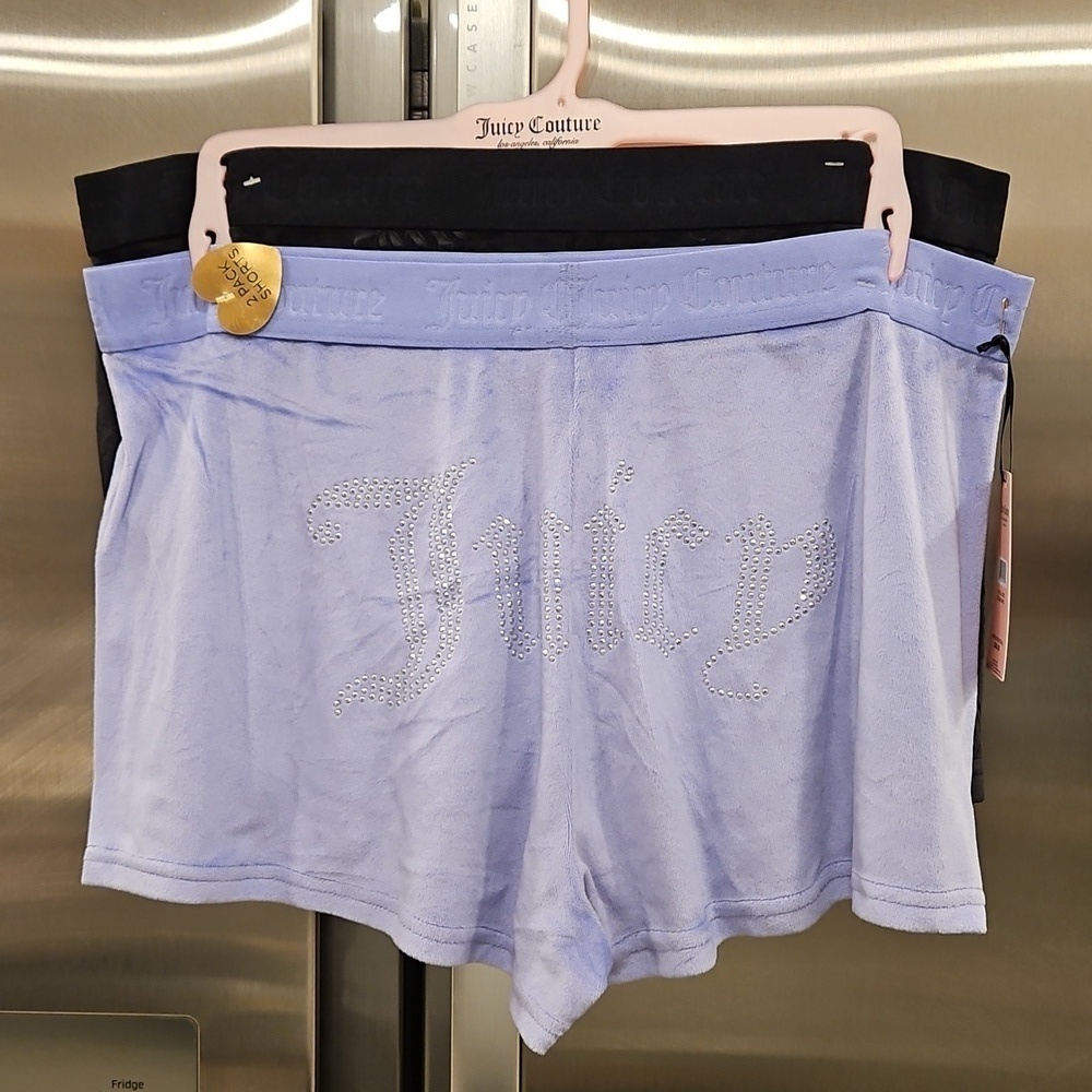 💕JUICY COUTURE💕 2 Pack Velour PJ Short Set 90s Black & Purple Bedazzled XL NWT